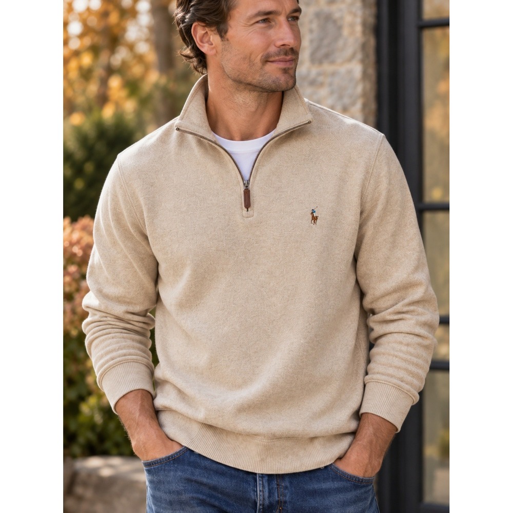 Polo Ralph Lauren Estate Rib Quarter Zip Pony Pullover Tan Cotton Mens XL